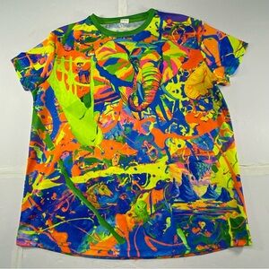 AOFMOKA Blacklight UV T-Shirt Women’s XL All Over Print Elephant Neon Rave Club